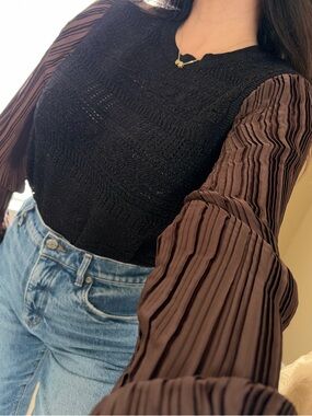 Metallic black sweater brown long sleeve top ruffle shimmer petite large l